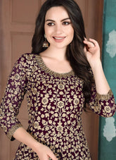 Wine Embroidered Faux Georgette Anarkali Dress